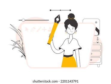 The girl designer holds a pen tool for 2D graphics in her hand. Linear trendy style. Vector illustration.
