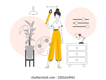 The girl designer holds a pen tool for 2D graphics in her hand. Lines modern style. Vector.