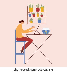 Girl designer, illustrator draws on the tablet with a pencil. Freelancer working from home concept. Vector illustration in flat style