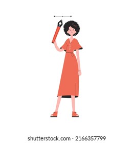 Girl designer stands in full growth holds a pen tool in her hands. Isolated. Element for presentations, sites. Vector illustration