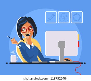 Girl designer in the workplace. A smiling woman sitting at desk and working at a computer.Flat cartoon vector illustration.