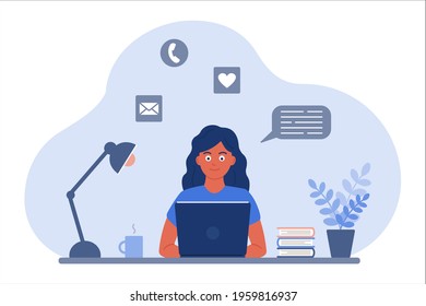 The girl at the desk looks at the laptop screen. The concept of online learning, communication by video, in chats and by mail. Vector image in a flat cartoon style