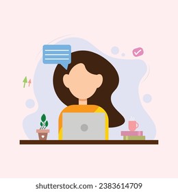 Girl at the desktop working on laptop with coffee books and flowers. Female character. Corporate workers, young people learning online. Freelancer or office worker. Vector illustration in flat.