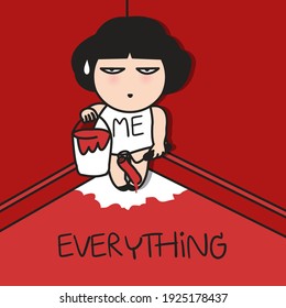 Girl In Despaired Holding Brush And Bucket Of Red Paint Standing On White Corner Of The Red Room. Panic Disorder Concept Card Character illustration