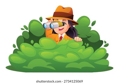 Girl detective using binoculars while hiding behind green bushes in park. Vector cartoon illustration