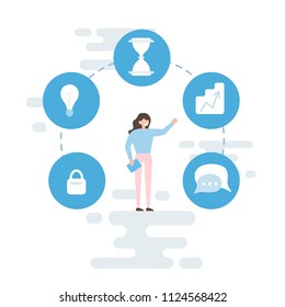 The girl developed the idea. Optimization of the working process. Creative process. Business concept. Flat design. Vector illustration.