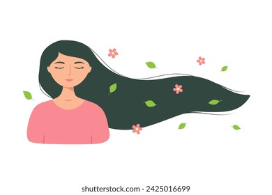 Girl with developing hair, green leaves and flowers. Template for card, poster, flyer, banner. Isolated vector illustration