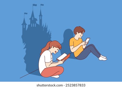 Menina desenvolve imaginação lendo livro, sentado perto de menino que sofre de vício digital. Brother joga videogames com entusiasmo enquanto a irmã desenvolve a imaginação, imaginando castelo mágico