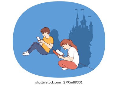 Girl develops imagination by reading book, sitting near boy suffering from digital addiction. Brother enthusiastically plays video games while sister develops imagination, imagining magic castle