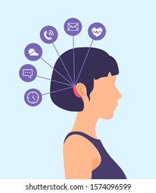 A girl with a device implanted in her brain. Neurotechnology concept. Vector illustration.