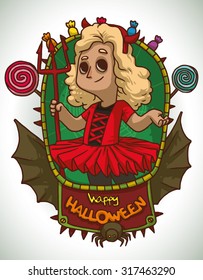 Girl in Devil costume for Halloween, vector