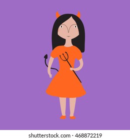 Girl in a devil halloween costume. Vector illustration