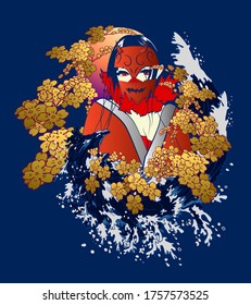 girl with devil mask illustration design for sukajan is mean japan traditional cloth or t-shirt with digital hand drawn