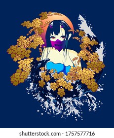 girl with devil mask illustration design for sukajan is mean japan traditional cloth or t-shirt with digital hand drawn