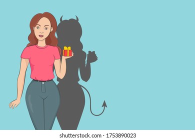 Girl with devil shadow. Cartoon style. Vector illustration.