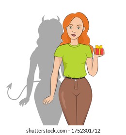 Girl with devil shadow. Vector illustration.