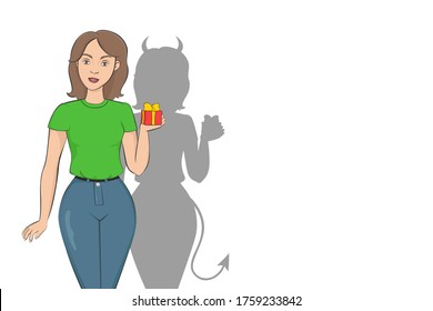 Girl with devil shadow. Vector illustration.