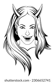 Girl devil. Vector illustration of a sketch woman in halloween costume. Beautiful demon female