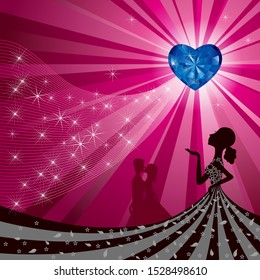 Girl and diamonds. The background is red radial.