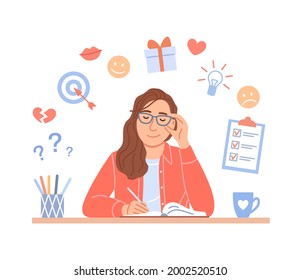 Girl diary concept on white background. Cute young person writes plan, aims, ideas, notes, creative drawing in organizer. Flat female in glasses portrait. Cartoon notebook writing vector illustration