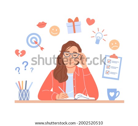 Girl diary concept on white background. Cute young person writes plan, aims, ideas, notes, creative drawing in organizer. Flat female in glasses portrait. Cartoon notebook writing vector illustration