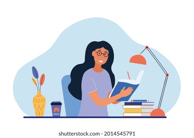 Girl diary concept. Woman write journal. Student studying with book. Happy character writes down plan for the next day in notebook. Cartoon flat vector illustration isolated on white background