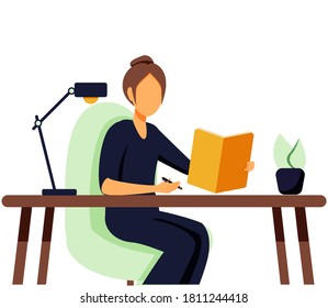 Girl diary. Woman write journal. Student studying with book. Teenager draws in cute paper notebook. Vector female character illustration