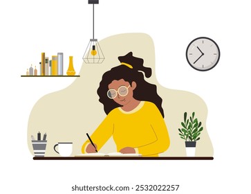 Girl diary. Woman write journal. Student studying with book. Teenager draws in cute paper notebook. Vector female character illustration