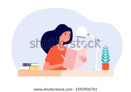 Girl diary. Woman write journal. Student studying with book. Teenager draws in cute paper notebook. Vector female character illustration