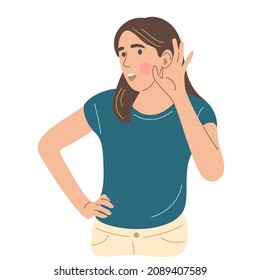 The girl did not hear the question. A woman with a hand to her ear. Flat vector illustration.