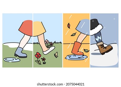 Girl in different clothing walk on street during changing seasons. Woman have various clothes in winter, spring, summer and autumn. Seasonal garment. Fashion and style. Vector illustration. 