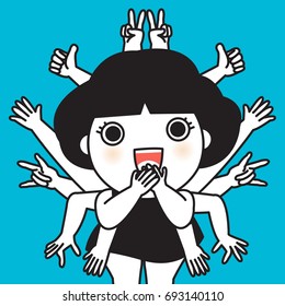 Girl With Different Expressional Hands Concept Card Character illustration