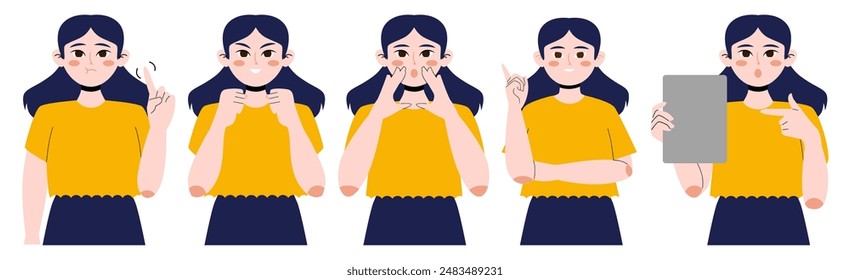 Girl with different expressions and poses. Flat design character isolated on white background.