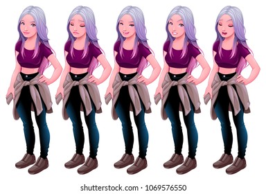 Girl with different expressions. Vector cartoon isolated characters.
