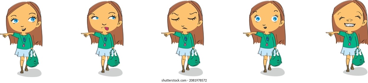 Girl with different facial expressions. Avatars with neutral, joy, surprise, shock, anger and sad emotions. Girl cartoon style, vector graphic