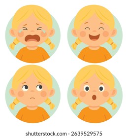 Girl with different facial expressions: crying, laughing, sad, and surprised. Flat cartoon illustration in round pastel frames. Emotional reaction and mood concept for kindergarten education 