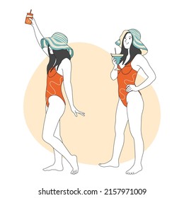 Girl with different fruit Cocktails in their hands. Girl in Swimsuit posing on the beach. Summer beach Party. Summer vacation, Retro style. Hand drawn in thin Line style, vector illustration.