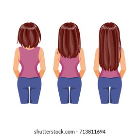 Girl With Different Hair Length. Short, Medium And Long Hair. The Process Of Hair Growth. Vector Illustration