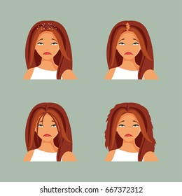 Girl with a different hair problems - dandruff, oily, split, baldness Vector illustration