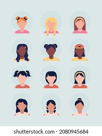 Girl with different hair semi flat color vector character avatar set. Casual style. Portrait from front view. Isolated modern cartoon style illustration for graphic design and animation pack