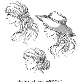 Girl with different hairstyles. Profile view. girl in a hat. Hand drawn. 