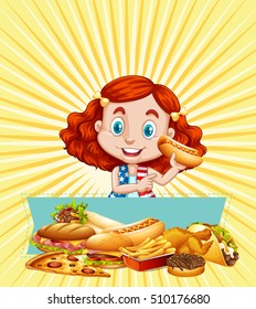 Girl and different kinds of fastfood illustration