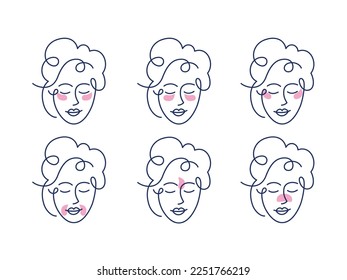 Girl with Different Method for Use Gel Patch Line Icon. Patches Under Eye, Between Brows, for Mouth and Nose Pictogram. Face Anti Aging Procedure Icon. Editable Stroke. Isolated Vector Illustration.