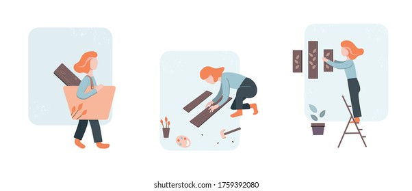 Girl in different poses, making a handmade panno. DIY set. Flat vector modern design. 