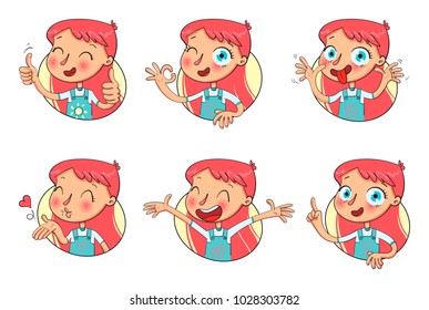 Girl in different situations. Emotions on face. Funny grimace, shows tongue, thumbs up, air kiss, sign of okay, hands up. Funny cartoon character. Vector illustration. Isolated on white background