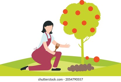 A girl digging a plant in a garden or a farm near a fruit tree.
