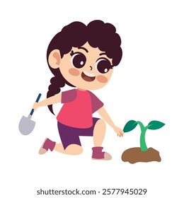 Girl digging soil for plants care