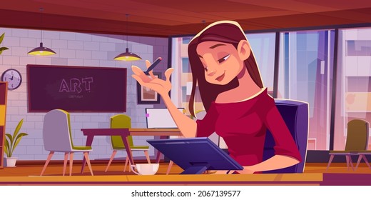 Girl with digital tablet works in open space office. Vector cartoon illustration of woman designer and coworking workplace interior with blackboard, tables, laptop and chairs