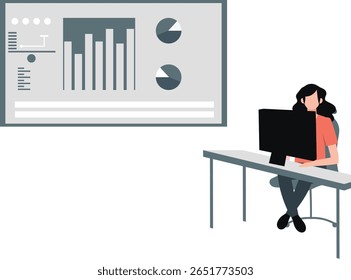 A menina analisa diligentemente gráficos em sua mesa de trabalho. Focada e meticulosa, ela interpreta dados, mapeia tendências e obtém insights, imersa em um mundo de estatísticas e padrões.