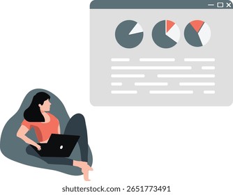 A menina está trabalhando diligentemente em gráficos de pizza, meticulosamente plotando dados e analisando porcentagens. Seu foco é criar representações visuais precisas.